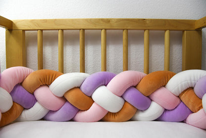 tour de lit en tresse rose gris orange violet